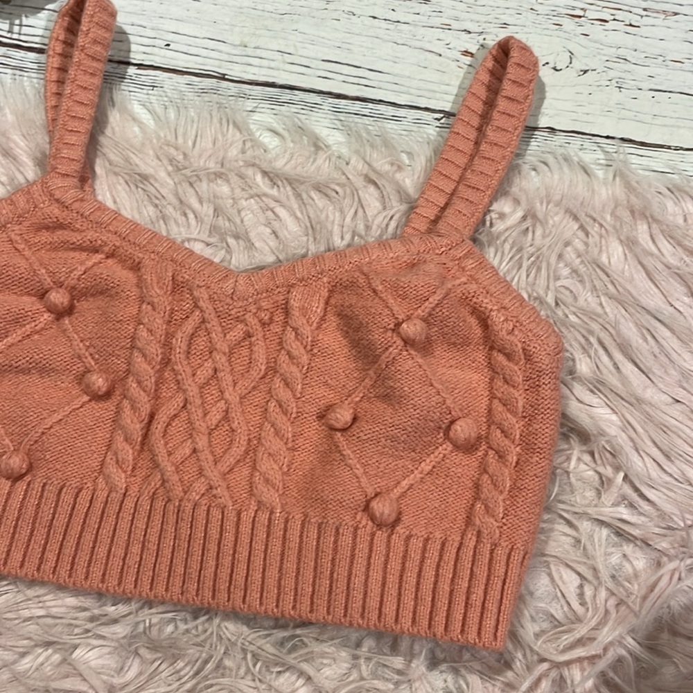 For Love & Lemons Pink Cable-Knit Pom Crop Tank Top - Picture 7 of 8